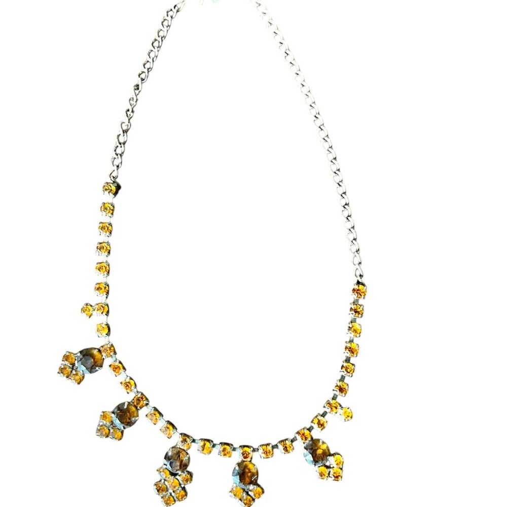 Silver & Yellow and amber colored Rhinestone 16” Necklace & Bracelet Set Adjusta - Picture 10 of 15